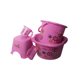 5-Piece Floral Bathroom Set – Plastic Bucket, Tub, Stool & Mug